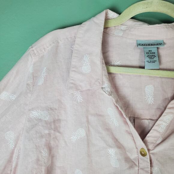 Catherines Womens Pink Pineapple Print No Gap Linen Button Front Shirt Size 2X - Picture 4 of 6